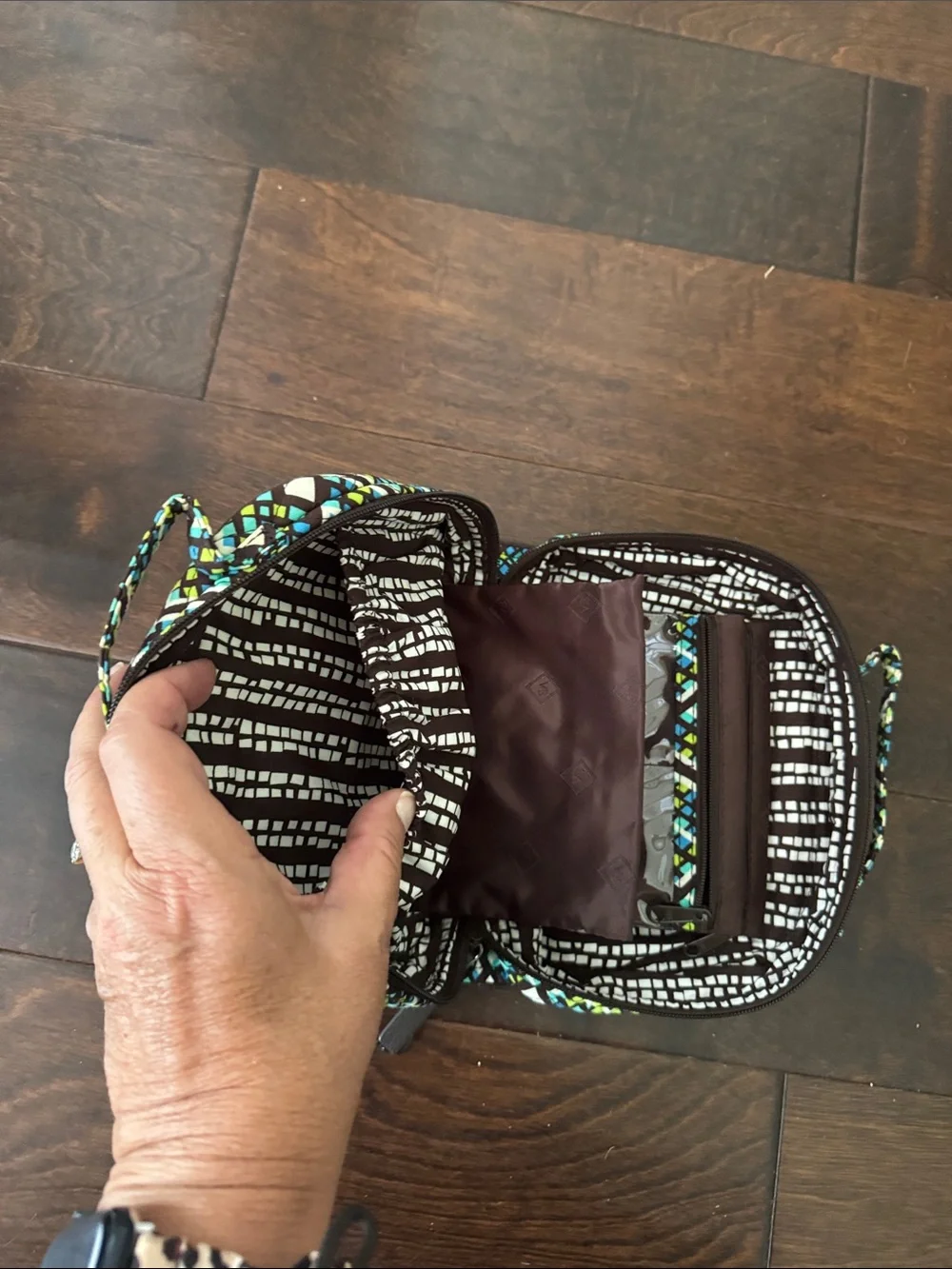 Vera Bradley Quilted Jewelry Travel Case in Blue, Green & White Geometric Print